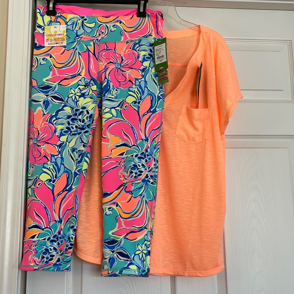 NWT Luxletic Set Capri and Shirt Sz Large. Seaside Aqua and Melon Glow